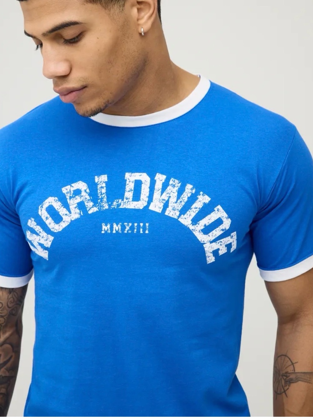 Boohoo Mens Blue 'Worldwide' Graphic Ringer Tee with White Trim